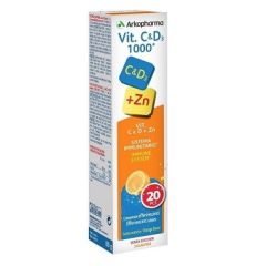 Arkopharma Vitamin C και D3 1000iu +Zn, Γεύση Πορτοκάλι, 20 Αναβράζοντα Δισκία