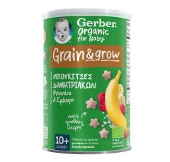 Gerber Organic For Baby Grain And Grow Μπουκίτσες Δημητριακών με Γεύση Μπανάνα-Σμέουρο Χωρίς Ζάχαρη 35gr για 10+ μηνών